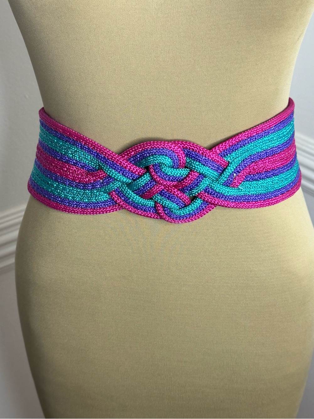80’s Handwoven Pink & Teal Knot Waist Belt - Women Accessories